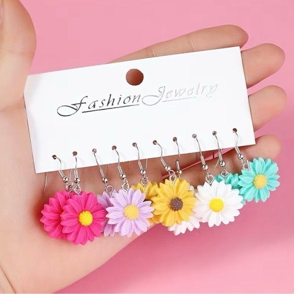 Five Colorful Flower Earrings Set - Picture 3 of 6